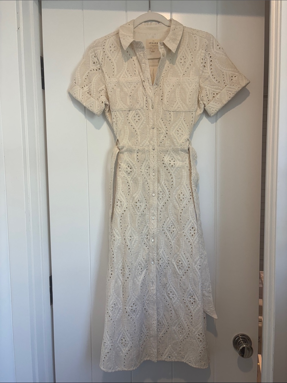 Cream Eyelet Midi Shirtdress with Waist Tie from Sézane